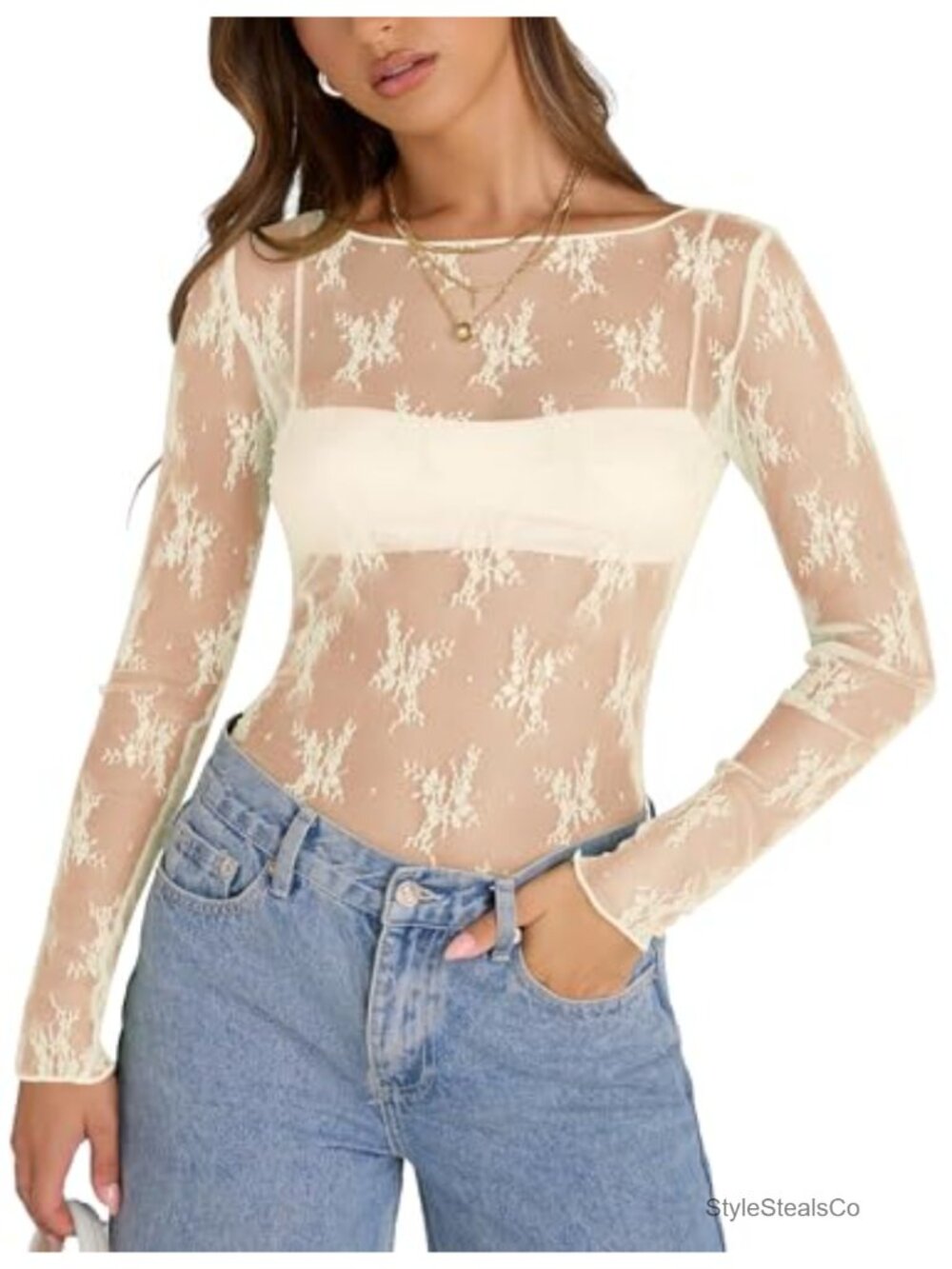 Lace Mesh Long Sleeve Boat Neck Sheer Blouse Sexy See Through Top